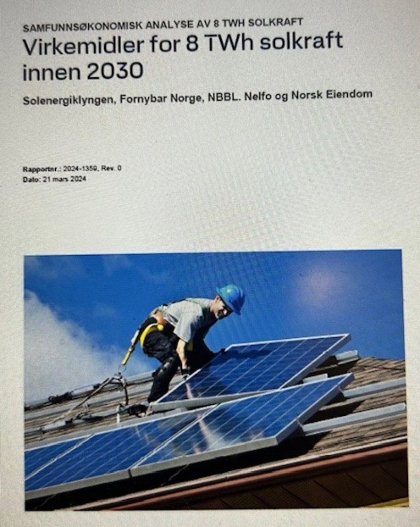 Rapporten «SAMFUNNSØKONOMISK ANALYSE AV 8 TWH SOLKRAFT» med virkemidler for 8 TWh solkraft innen 2030 er lansert! 